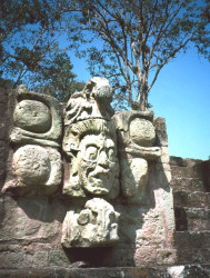 9 faces carved into the rocks at copan